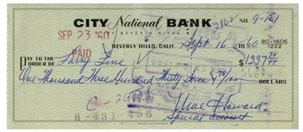 Moe Howard Check Signed to Larry Fine -- Endorsed by Larry on Verso -- Dated 16 September 1960 -- Very Good Condition